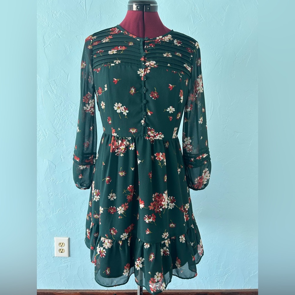 Madewell Dark Green Floral Long Sleeve Dress